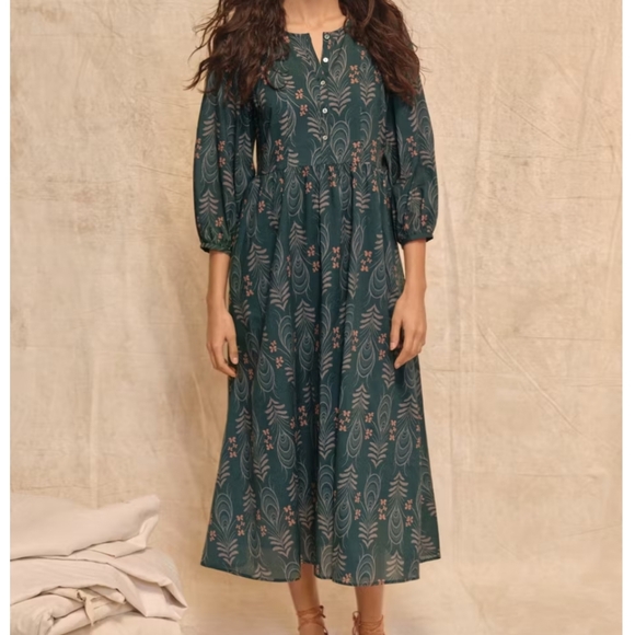 WRAP LONDON Puff Sleeve Feathers & Floral Printed Cotton Midi Dress Sz 14 - Picture 12 of 12